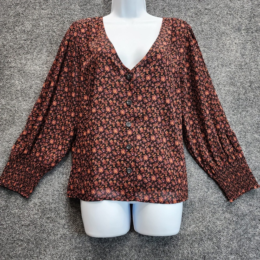 Madewell Women's Floral V-Neck Button Front Smocked Cuff Boho Blouse Size 14
